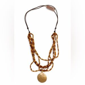J.jill Multi Strand Wood Bead Necklace Gold Disc Pendant Statement,NWT